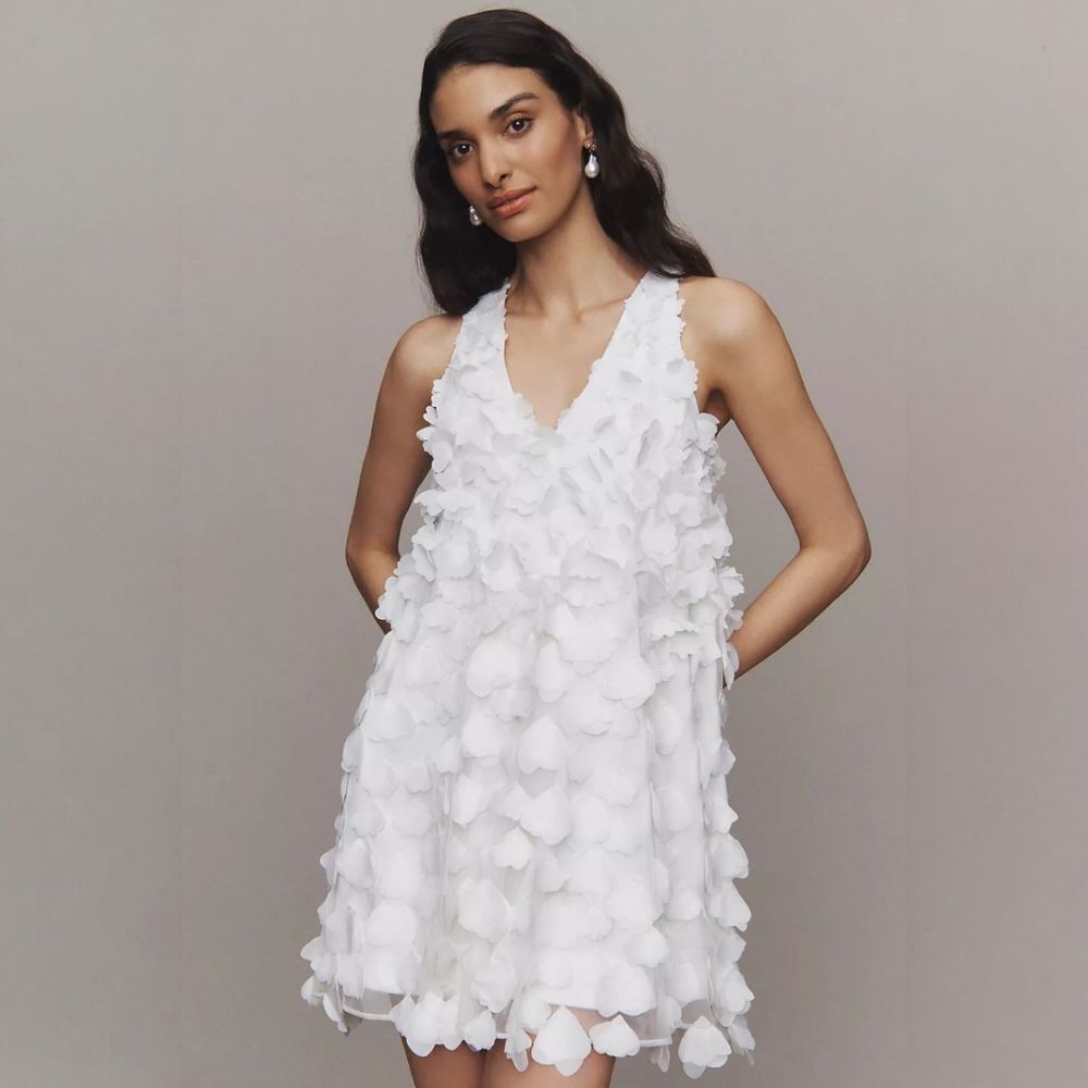 BHLDN White 3D Petal V‑Neck Mini Dress